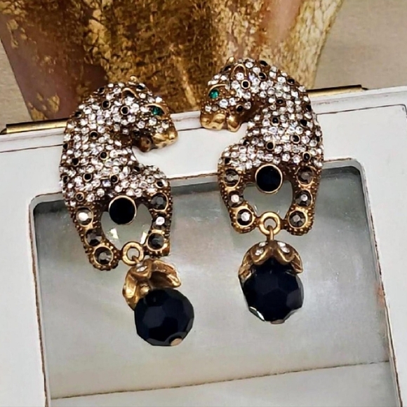 Estate Vintage Crystal Encrusted Leopard Gold Drop Earrings